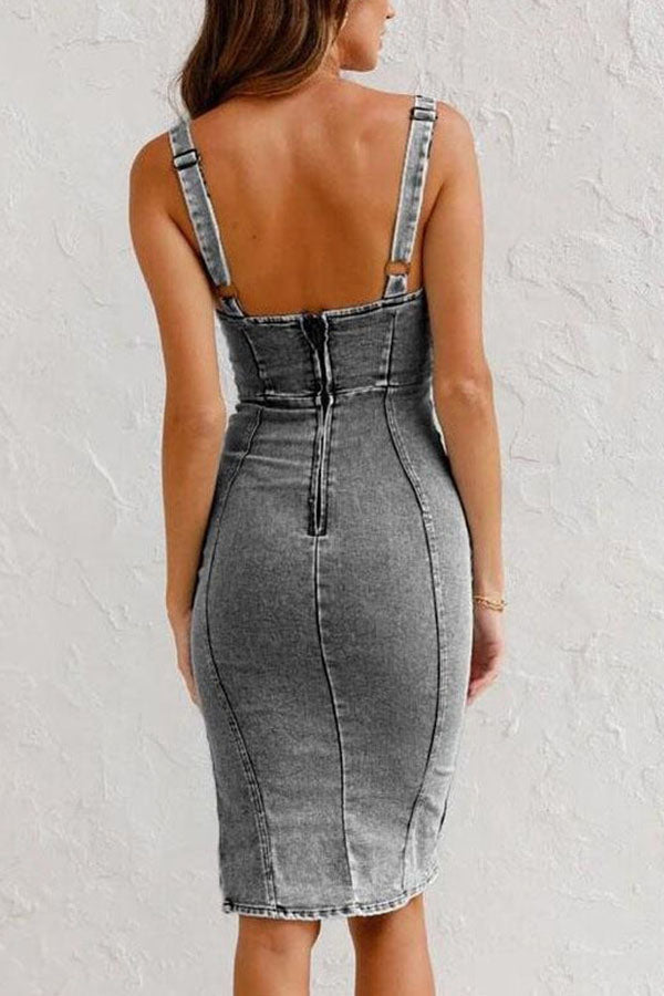 JO | This Seasons Staple Denim Adjustable Straps Zip-up Firm Stretch Midi Dress