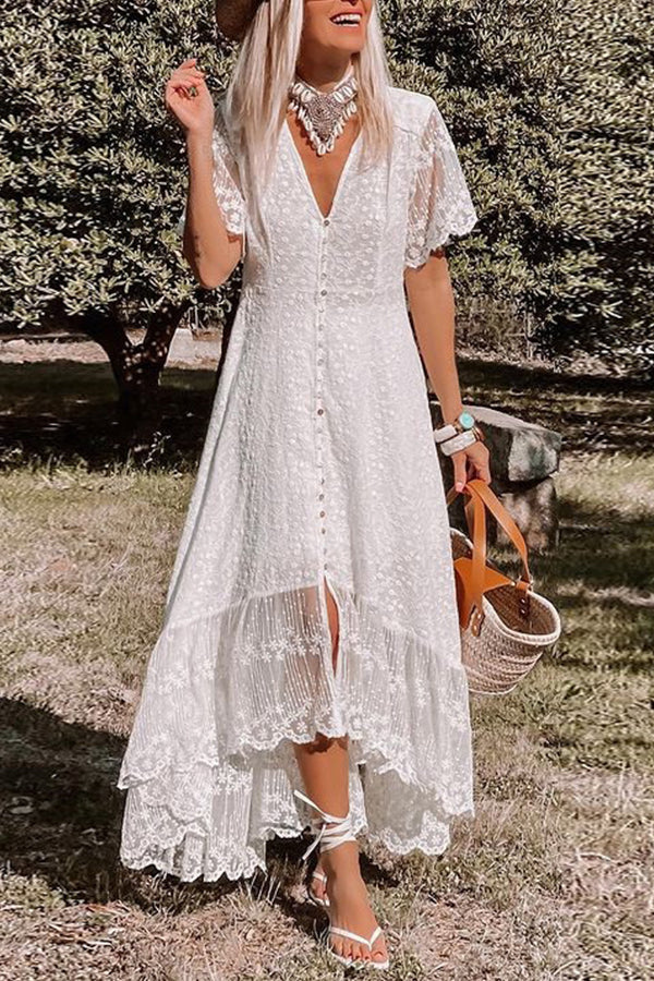 JO | V-neck slim dress floral lace midi dress