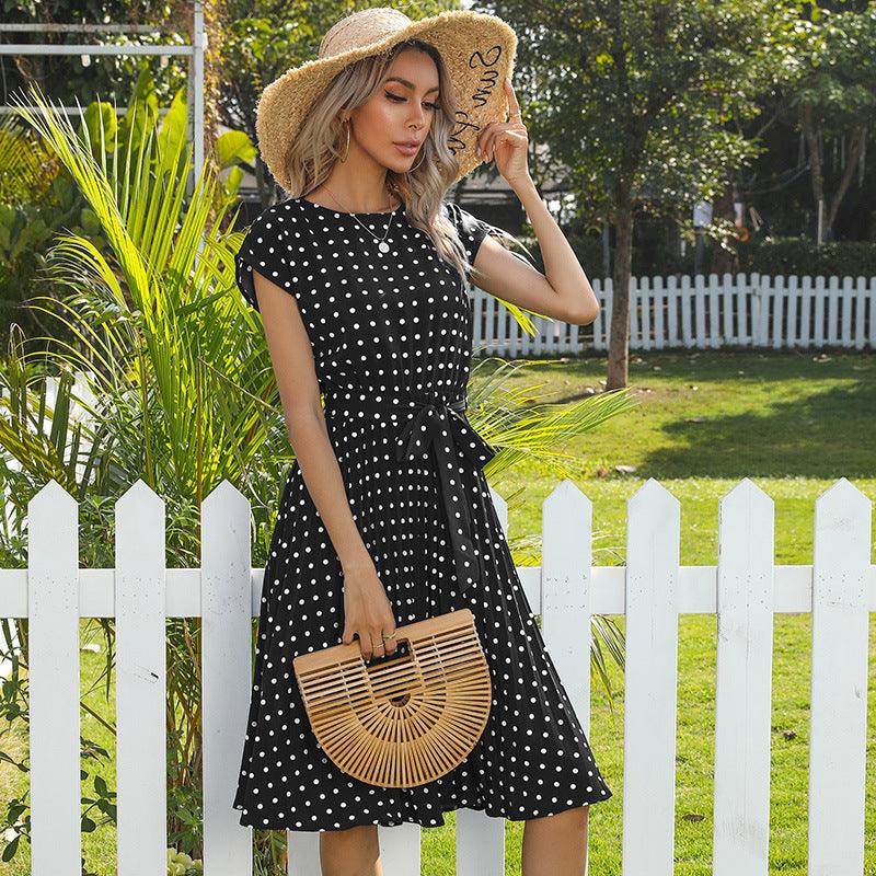 JO | Summer Women Polka Dot Short Sleeve Dress Casual Bandage Party Pleated Midi Dresses Elegant Green Office Lady Clothes