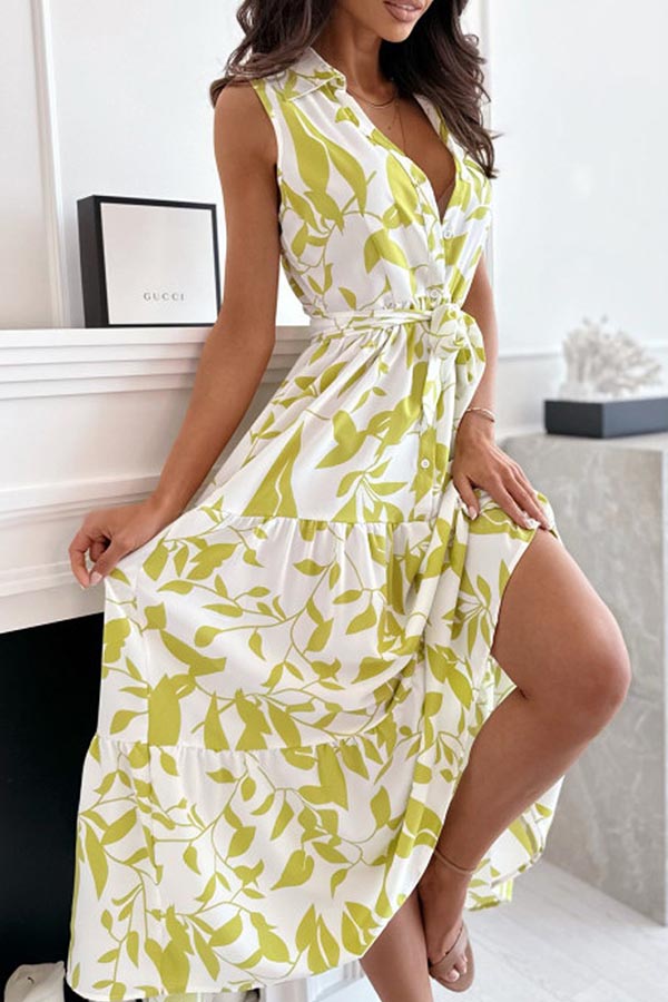 JO | PLANT SILHOUETTE PRINTED BELTED SHIRT MIDI DRESS