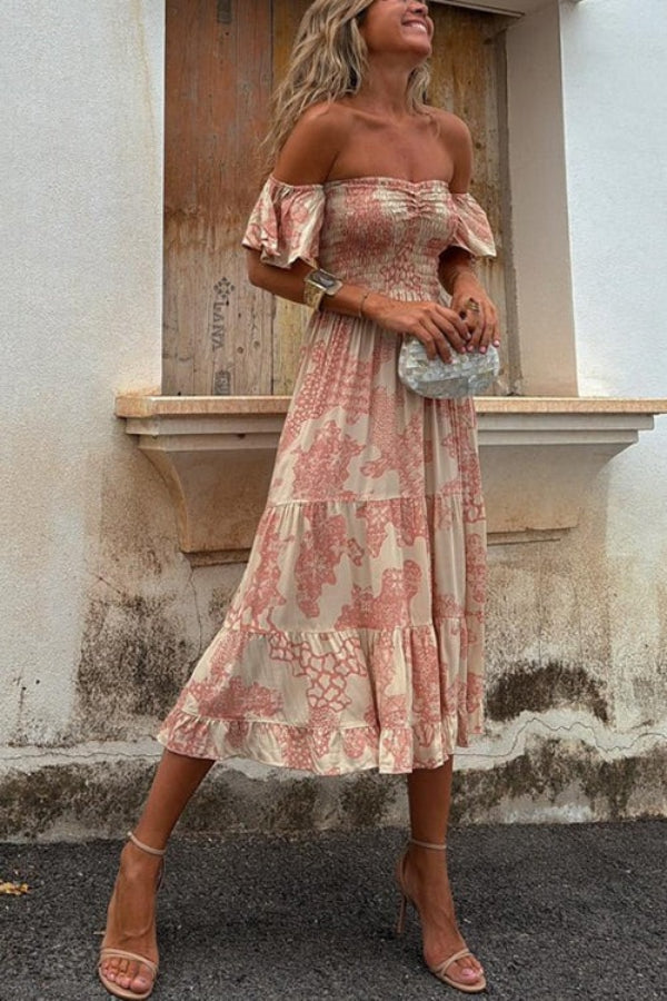 JO | Pitaya Unique Print Off Shoulder Smocked Ruffle Sleeve Layered Midi Dress