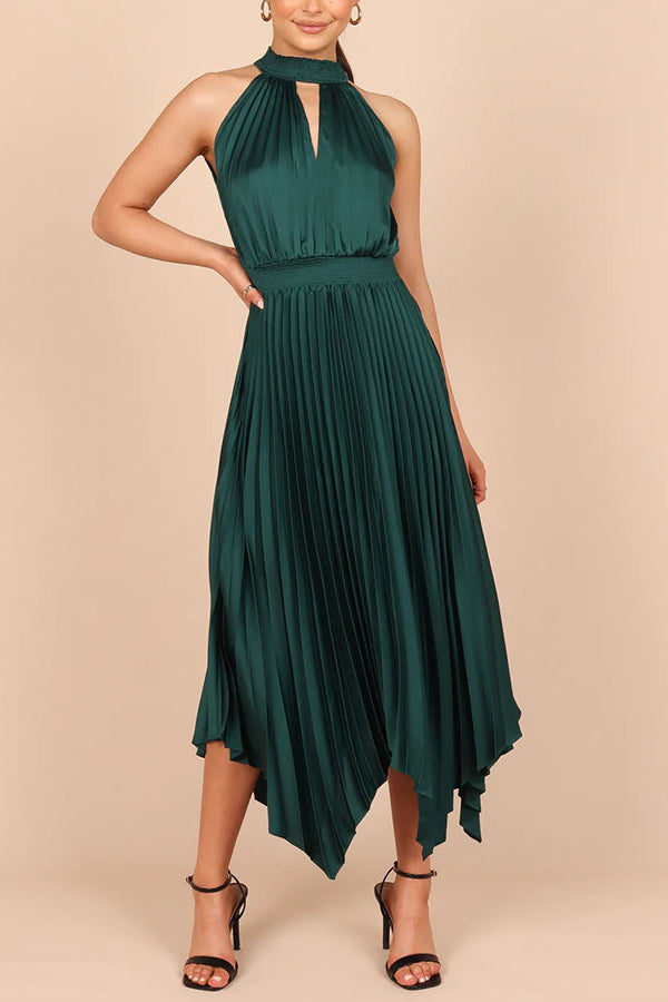 JO | Luxe Look Satin Pleated Halter Elastic Waist Midi Dress