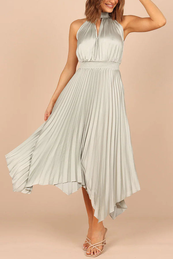 JO | Luxe Look Satin Pleated Halter Elastic Waist Midi Dress