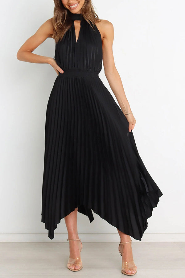 JO | Luxe Look Satin Pleated Halter Elastic Waist Midi Dress
