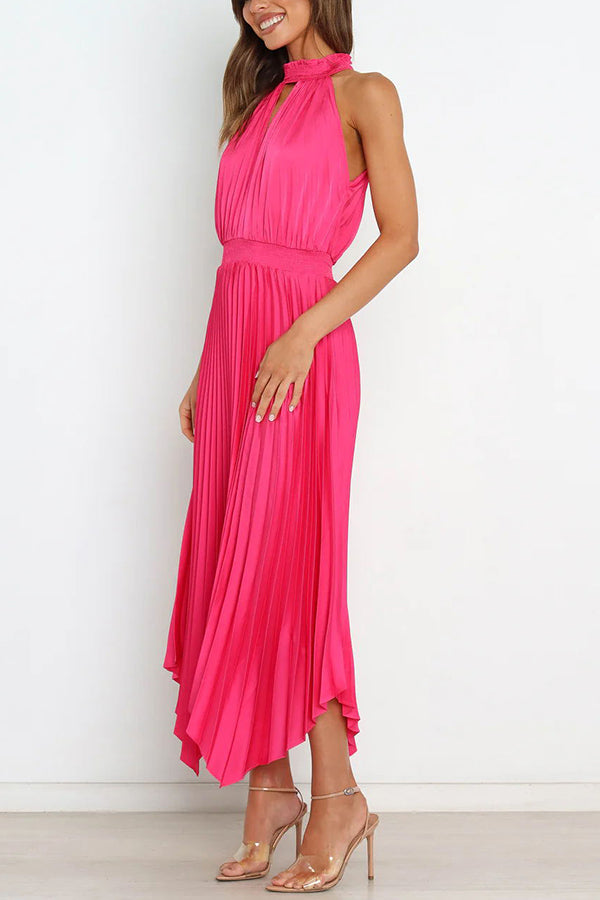 JO | Luxe Look Satin Pleated Halter Elastic Waist Midi Dress