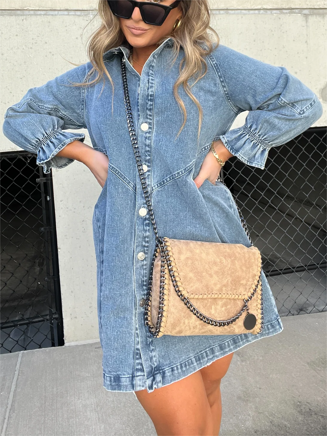 JO | Chic turn-down collar denim midi dress