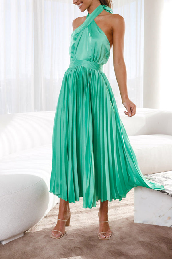 JO | Beaming Smile satin halterneck pleated midi dress