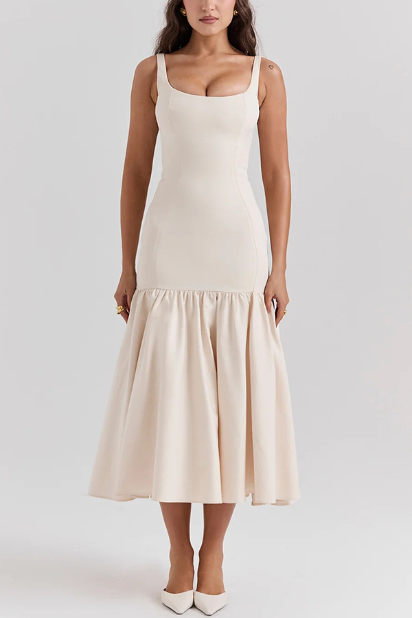 JO | Graceful Silhouette Square Neckline Wide Strap Drop Waist Midi Dress