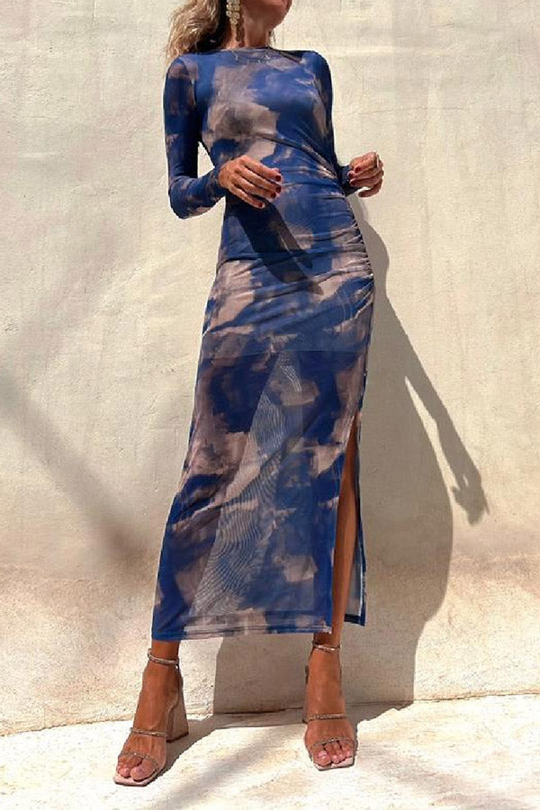 JO | Charm Lady Mesh Overlay Tie Dye Print Long Sleeve Ruffled Stretch Midi Dress