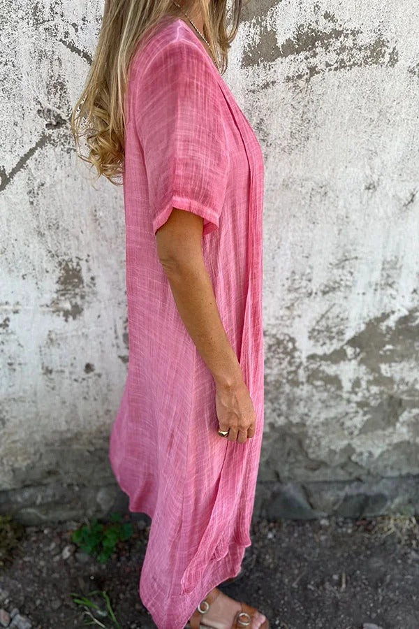 JO | Bayside Bliss linen blend short sleeve pleated loose midi dress