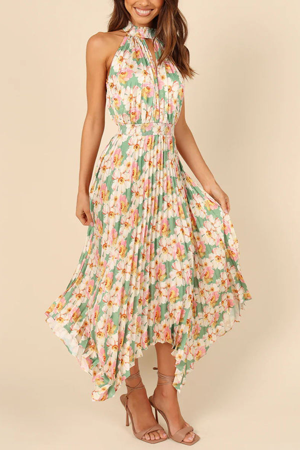 JO | Luxe Look Satin Pleated Halter Elastic Waist Midi Dress