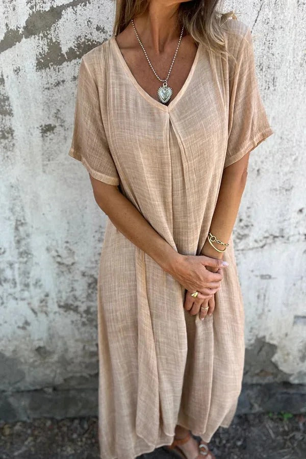 JO | Bayside Bliss linen blend short sleeve pleated loose midi dress