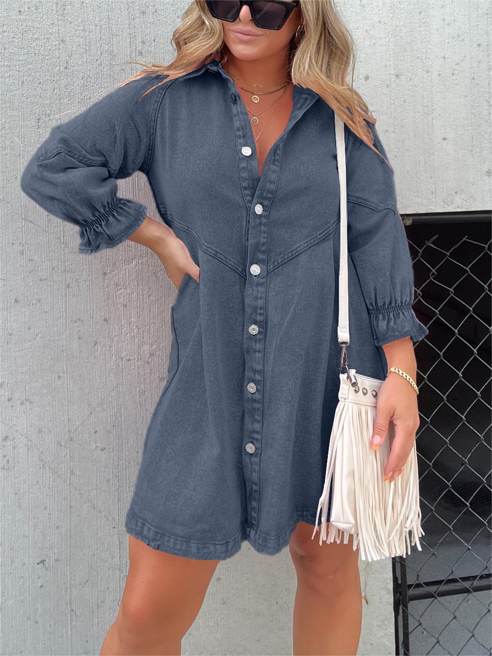 JO | Chic turn-down collar denim midi dress