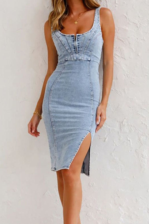JO | This Seasons Staple Denim Adjustable Straps Zip-up Firm Stretch Midi Dress