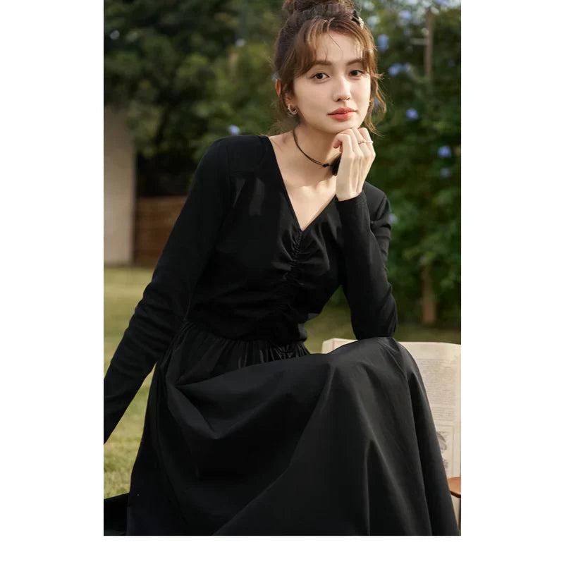 JO | Elegant Black Knitted Smocked V-Neck A-Line Midi Dress