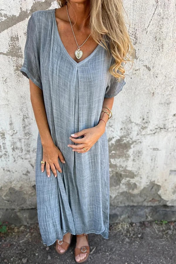 JO | Bayside Bliss linen blend short sleeve pleated loose midi dress