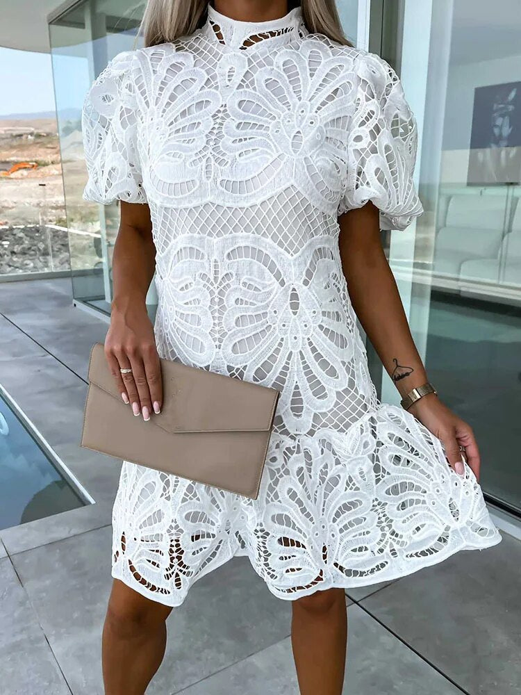 JO | elegant midi dress for women with puff sleeves