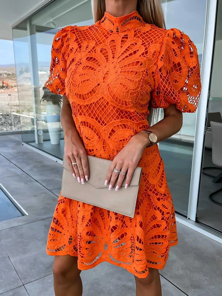JO | elegant midi dress for women with puff sleeves