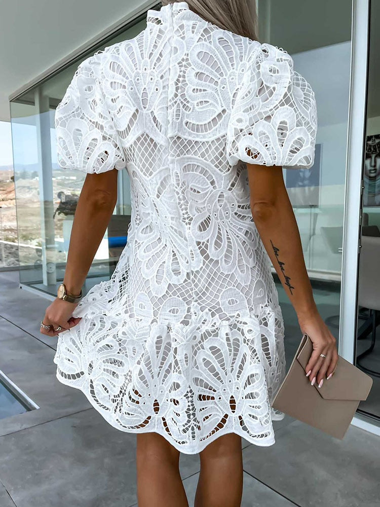 JO | elegant midi dress for women with puff sleeves