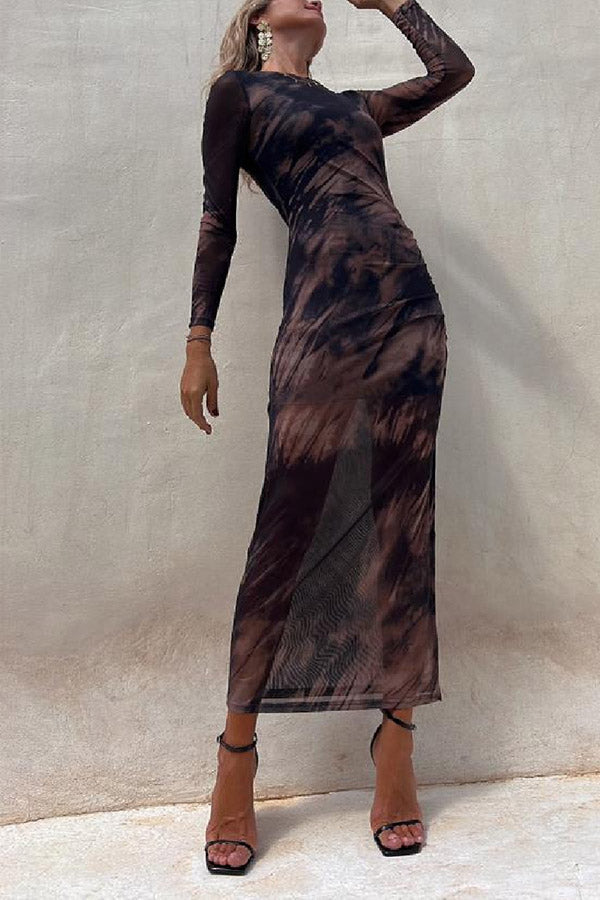 JO | Charm Lady Mesh Overlay Tie Dye Print Long Sleeve Ruffled Stretch Midi Dress