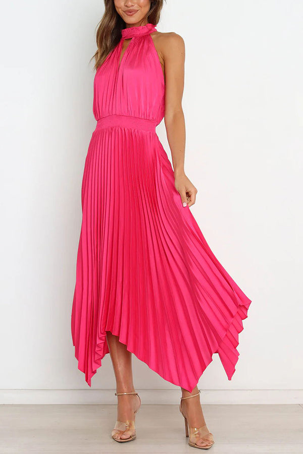 JO | Luxe Look Satin Pleated Halter Elastic Waist Midi Dress