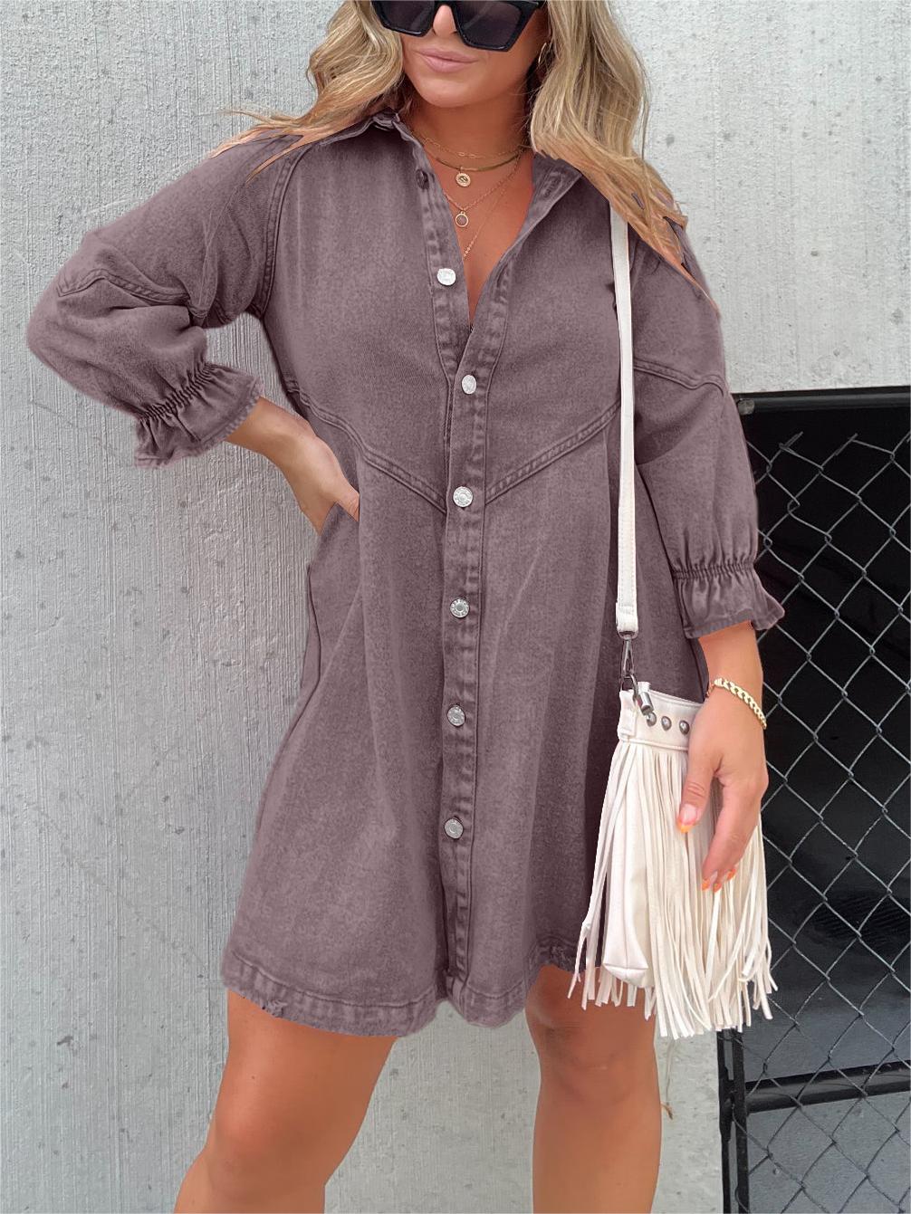 JO | Chic turn-down collar denim midi dress