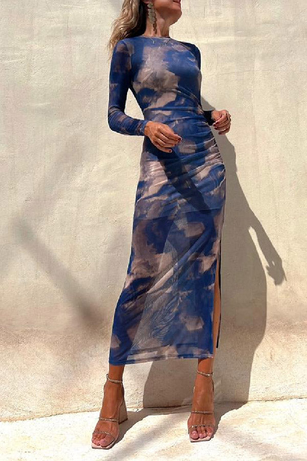 JO | Charm Lady Mesh Overlay Tie Dye Print Long Sleeve Ruffled Stretch Midi Dress