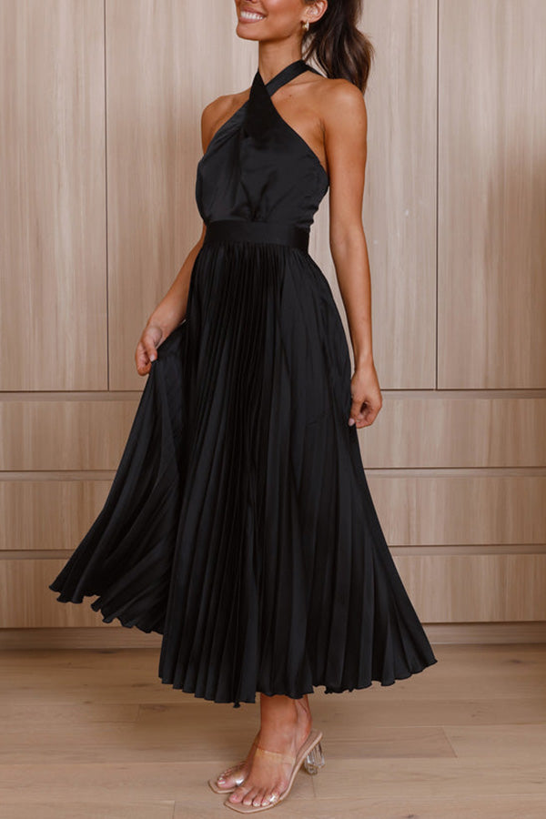 JO | Beaming Smile satin halterneck pleated midi dress