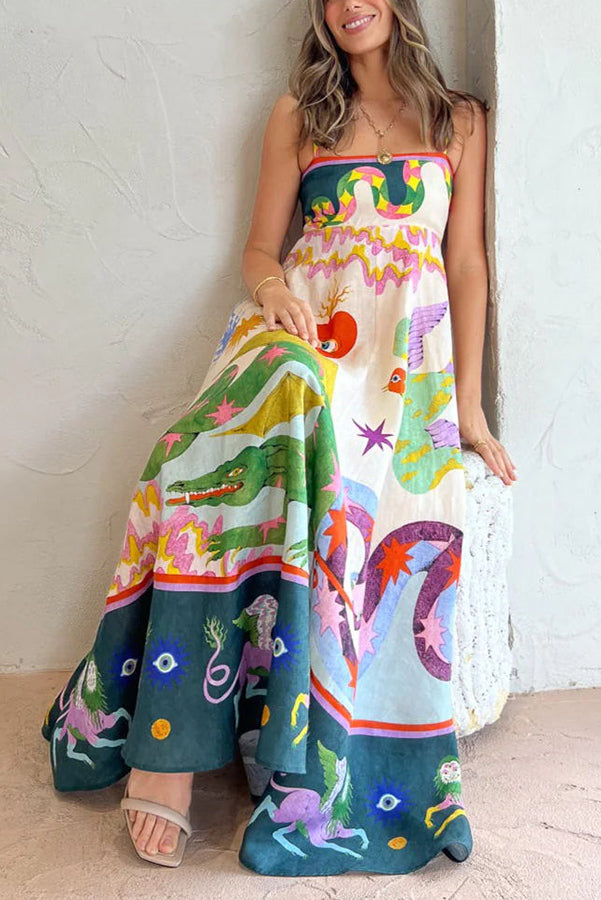 JO | Feel Effortlessly Linen Blend Unique Print Smocked Back Midi Dress