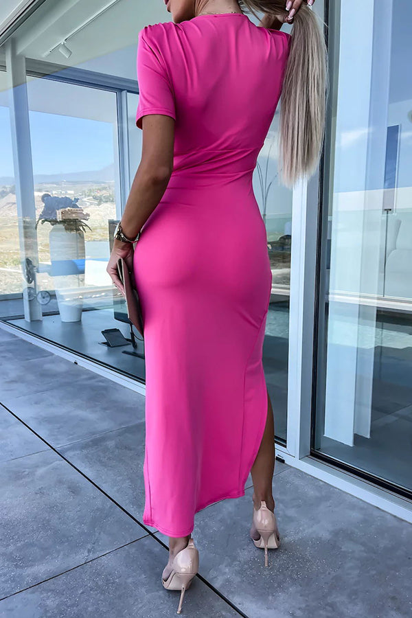 JO | Lucky To Have You Padded shoulders Gathered midi dress with slit