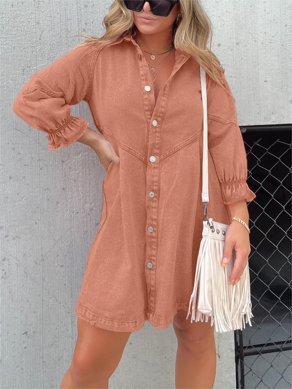 JO | Chic turn-down collar denim midi dress