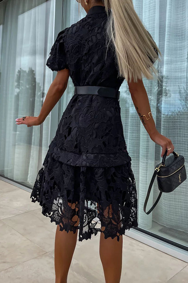 JO | Absolutely Elegant Floral Crochet Lace Puff Sleeve Belted Shirt Midi Dress