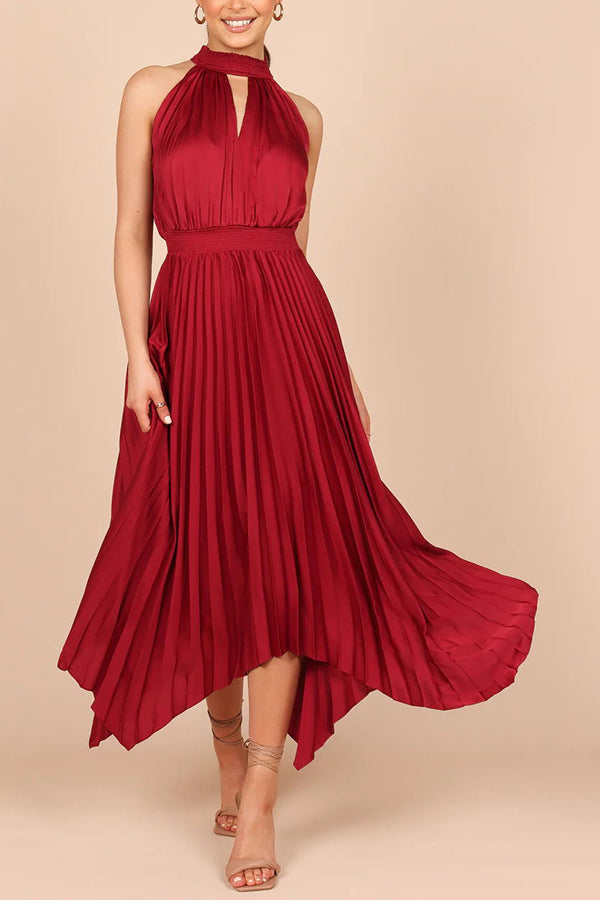 JO | Luxe Look Satin Pleated Halter Elastic Waist Midi Dress
