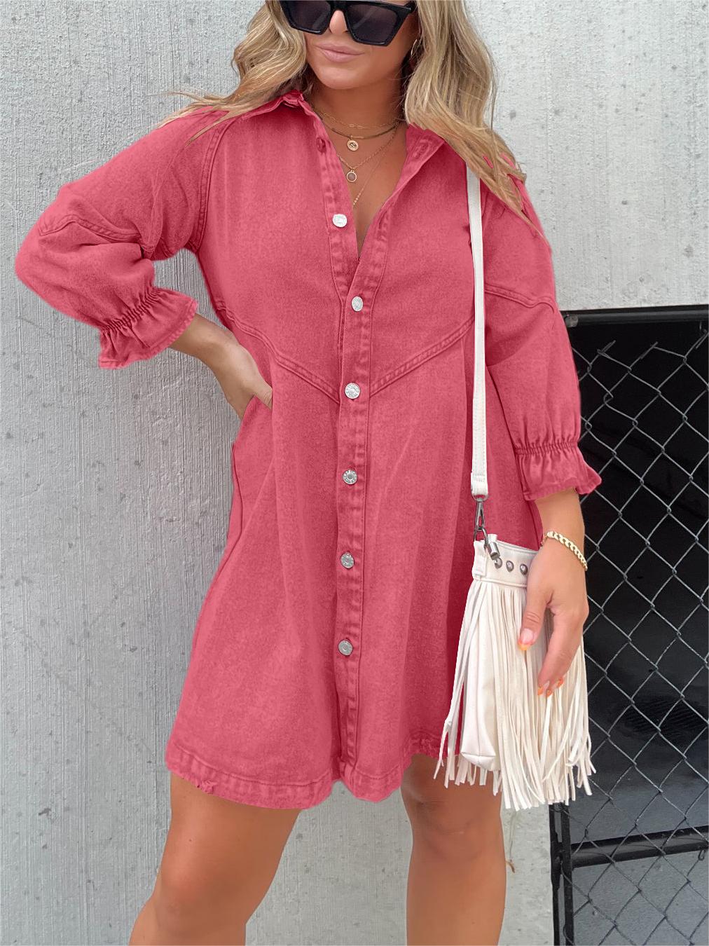 JO | Chic turn-down collar denim midi dress