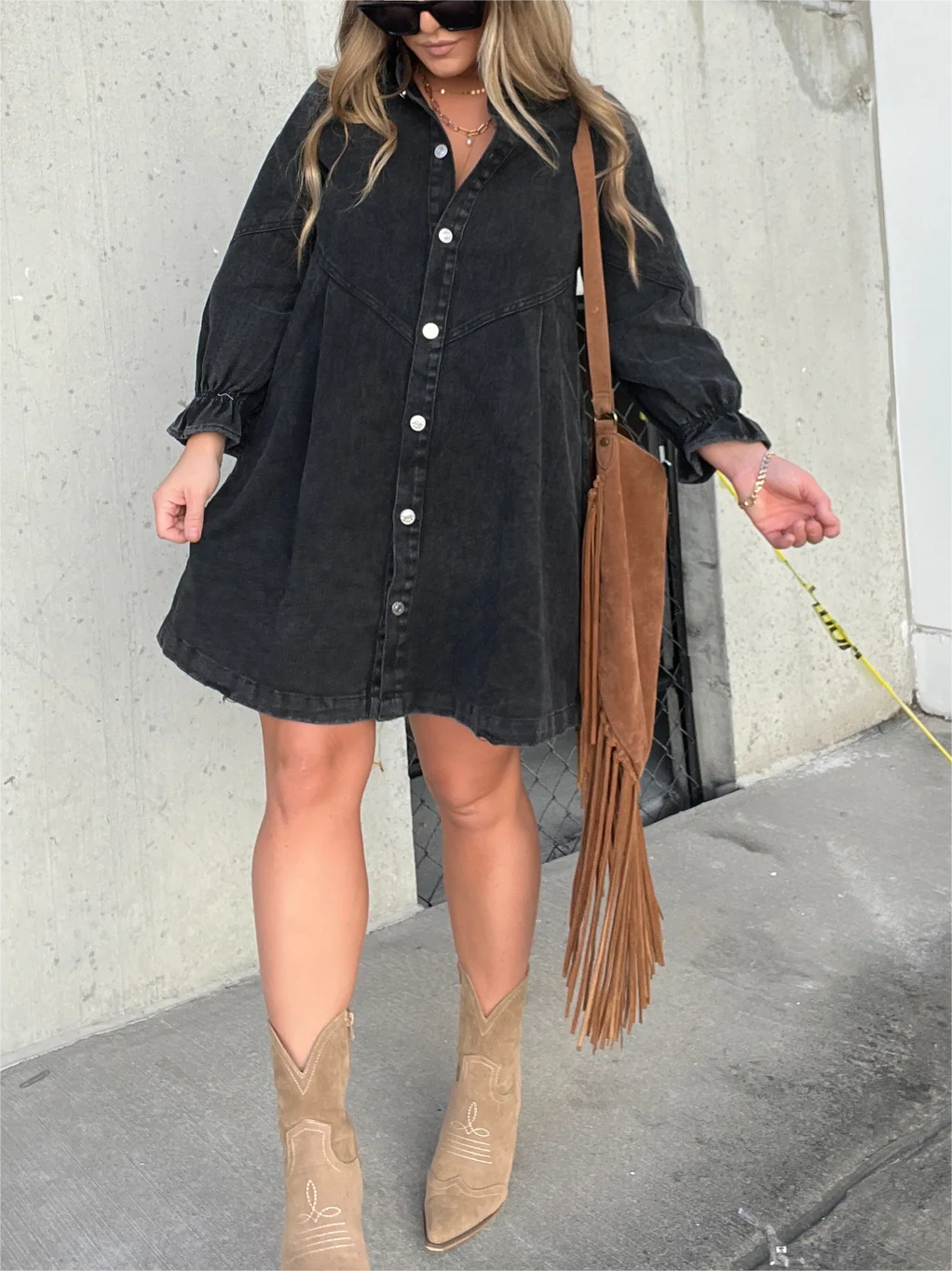 JO | Chic turn-down collar denim midi dress
