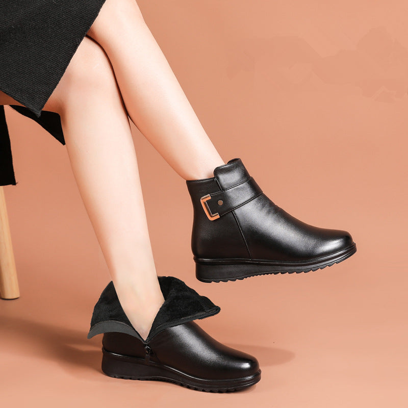 JO Genuine Leather Metal Buckle Velvet Boots