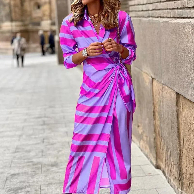 JO | Fashion V-neck striped midi dress with lacing