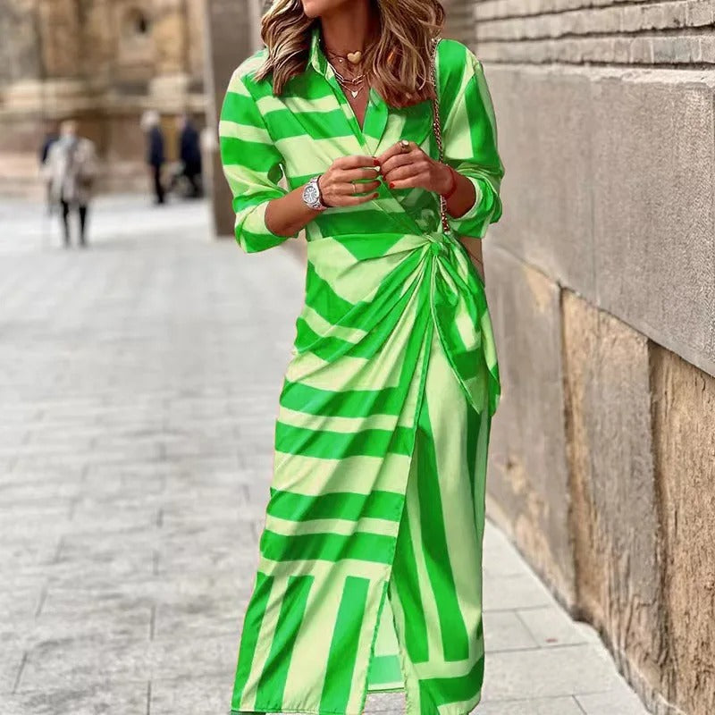 JO | Fashion V-neck striped midi dress with lacing