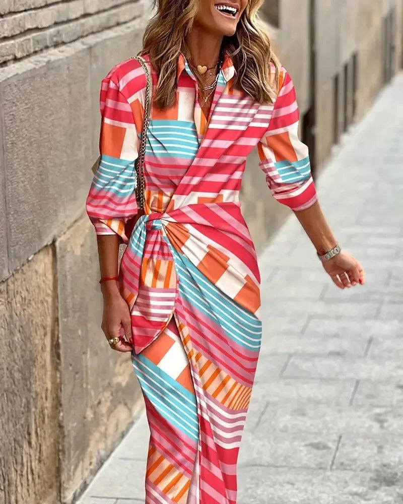JO | Fashion V-neck striped midi dress with lacing