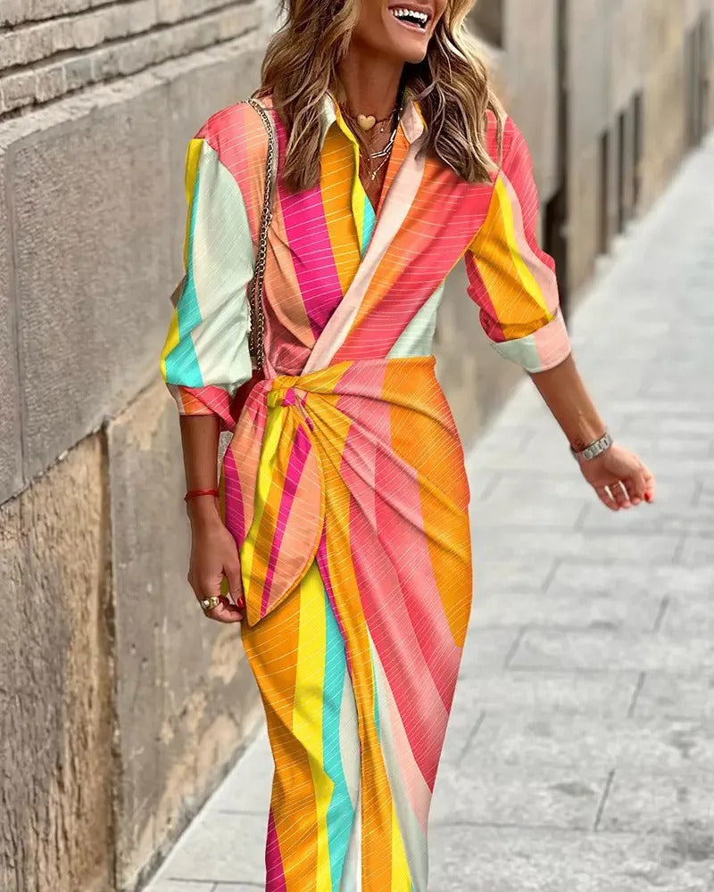 JO | Fashion V-neck striped midi dress with lacing