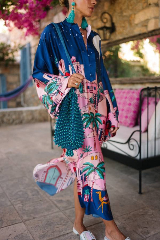 JO | Seaside Stroll Satin Unique Print Button Up Long Sleeve Slit Kaftan Midi Dress