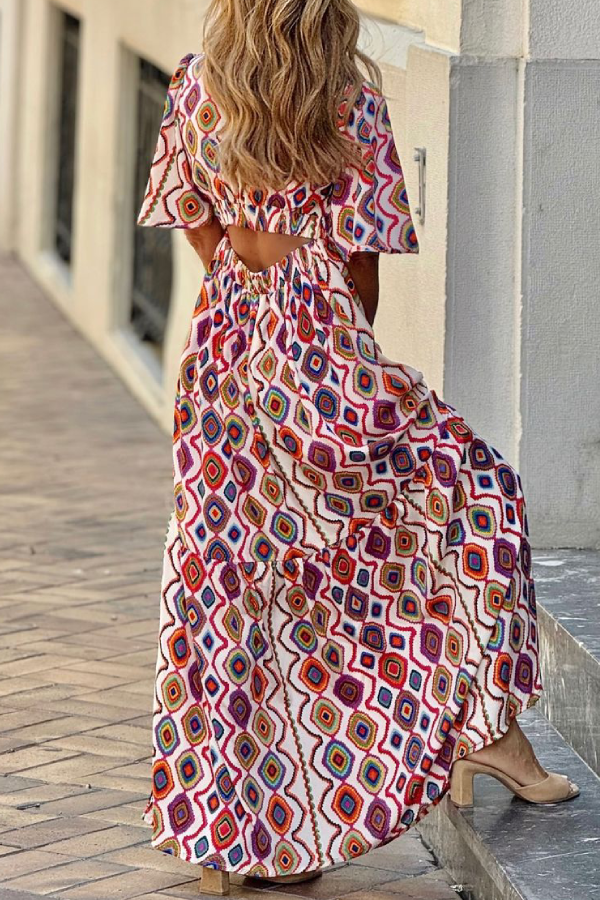 JO | Vintage V-neck short sleeve plaid midi dress