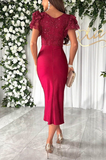 JO | Dreamy luxury lace and satin patchwork ruffle sleeves ruffled midi dress