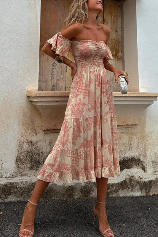 JO | Pitaya Unique Print Off Shoulder Smocked Ruffle Sleeve Layered Midi Dress
