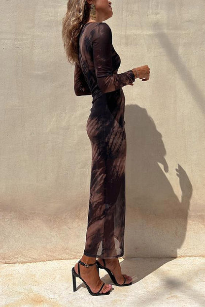 JO | Charm Lady Mesh Overlay Tie Dye Print Long Sleeve Ruffled Stretch Midi Dress