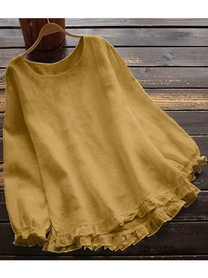 JO | O-Neck Solid Long Sleeve Ruffle Linen Tops