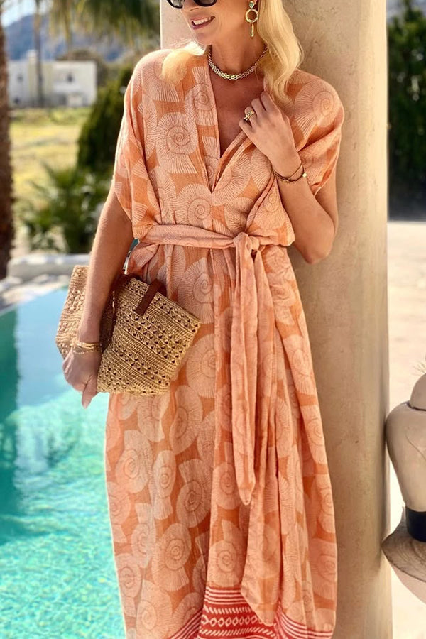 JO | Fashion Conch Print V-Neck Lace-Up Beach Midi Dress