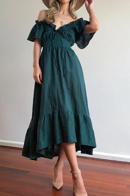 JO | RUCHED HEM OFF-THE-SHOULDER MIDI DRESS