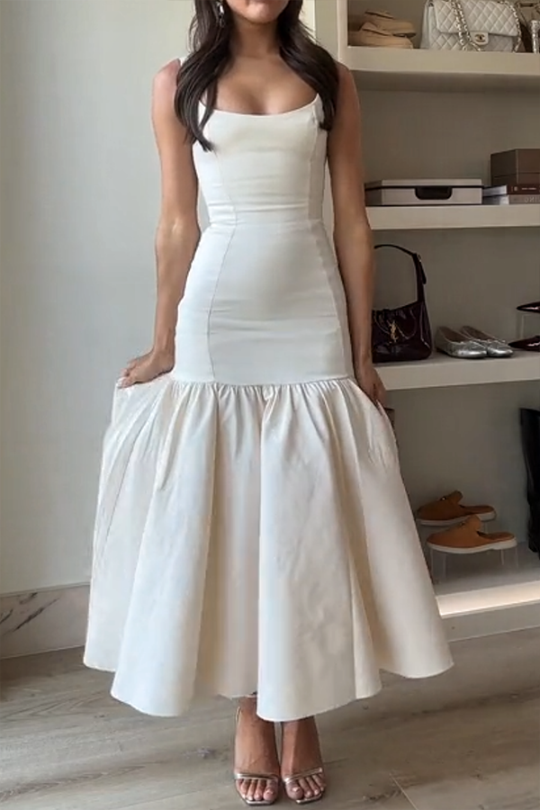 JO | Graceful Silhouette Square Neckline Wide Strap Drop Waist Midi Dress