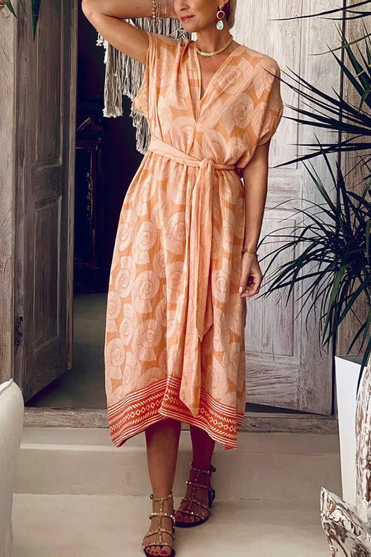 JO | Fashion Conch Print V-Neck Lace-Up Beach Midi Dress